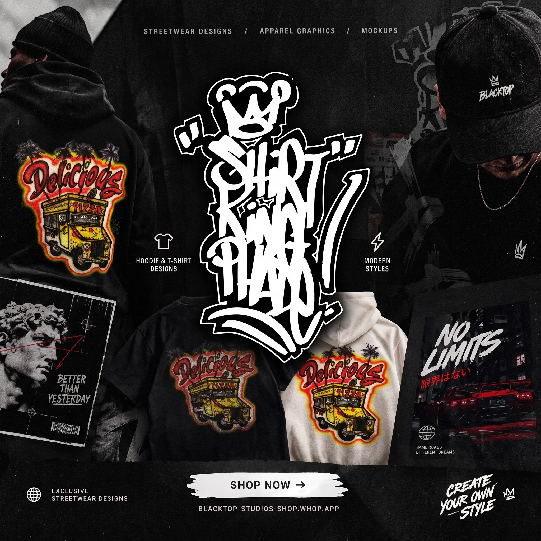 Shirts by Phade brand collage with the original graffiti logo and Delicious apparel